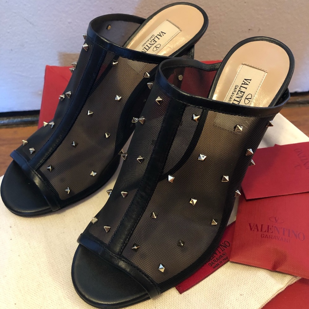 Valentino Studded Peep-Toe Leather & Mesh Mules 35